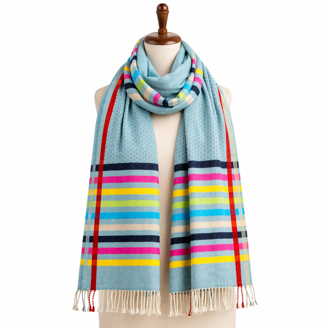 Blue Wool Chain Pattern Scarf With Metallic Silk Stripes